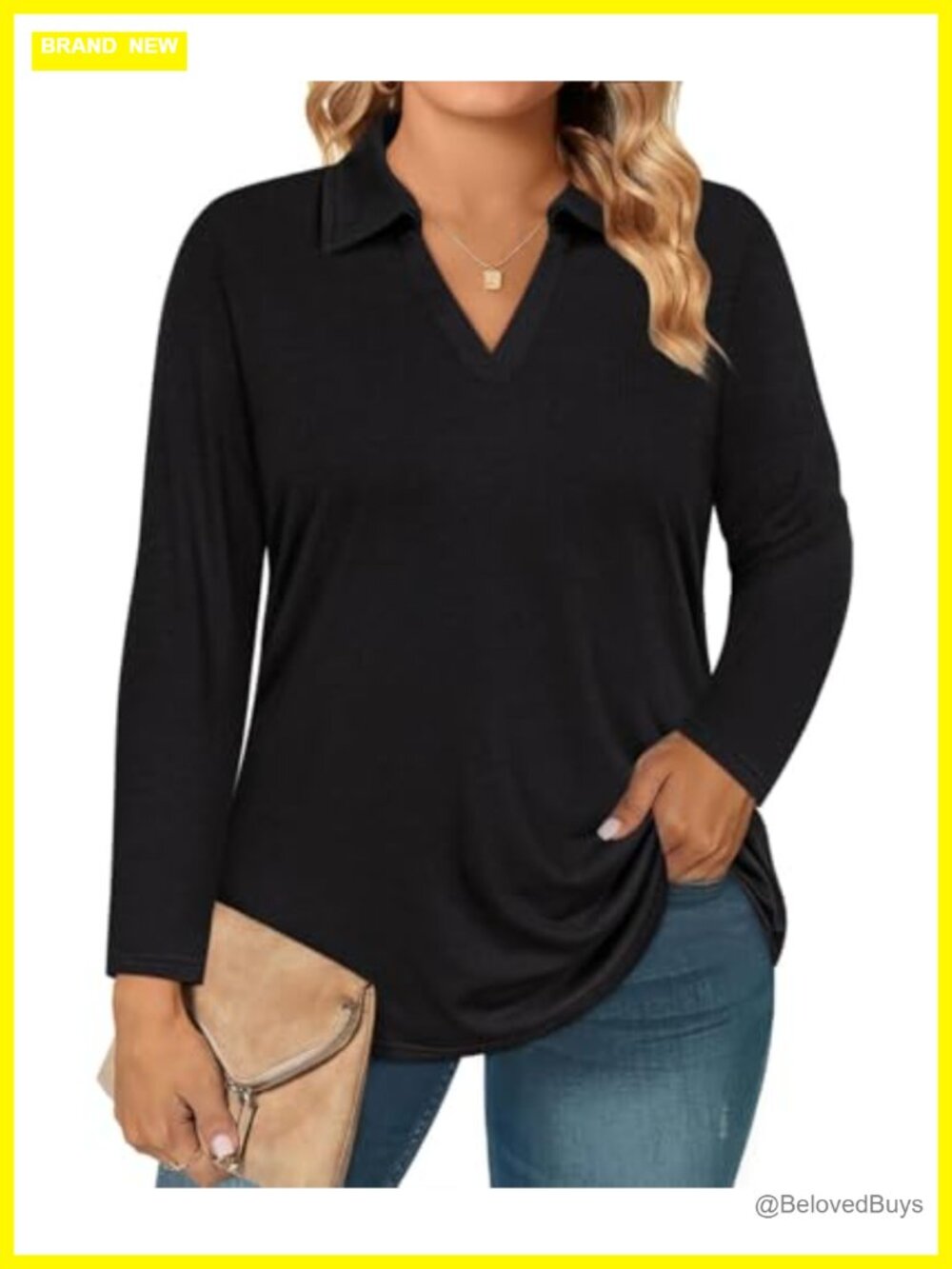 Womens Plus Size Polo Shirt Long Sleeve V-Neck Casual Collared Blouse